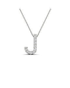 Maulijewels 14K White Gold Initial " J " 0.09 Carat Natural Round White Diamond Pendant Necklace With 18" Cable Chain