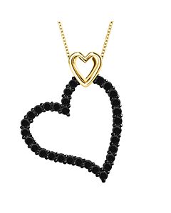 Maulijewels 14K Yellow Gold 1 Ct Black Diamond Double Heart Pendant with 18" Gold Plated 925 Sterling Silver Box Chain