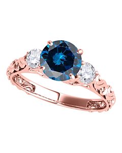 Maulijewels 18K Solid Rose Gold 1.05 Carat Blue & White Diamond Three Stone Engagement Ring For Women