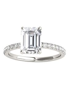 Maulijewels 2.30 Carat Emerald Cut Moissanite And Natural Round Diamond Engagement Rings For Women In 10K Solid White Gold