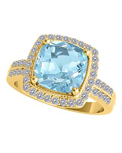 Maulijewels 2.50 Carat Diamond And Cushion Cut Natural Aquamarine Gemstone Ring In 14K Solid Yellow Gold