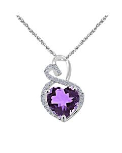 Maulijewels 4 Carat Heart Shape Amythyst Gemstone And White Diamond Pendant In 14k White Gold With With 18" 14k White Gold Plated Sterling Silver Box