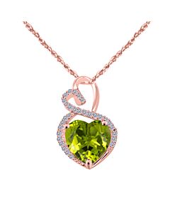 Maulijewels 4 Carat Heart Shape Peridot Gemstone And White Diamond Pendant In 14k Rose Gold With 18" 14k Rose Gold Plated Sterling Silver Box Chain