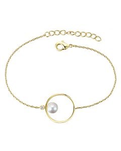 Megan Walford 14k Gold Plated with White Freshwater Pearl Solitaire Asymmetrical Wire Halo Delicate Bracelet