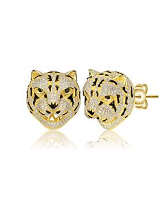 Megan Walford 14k Yellow Gold Plated with Diamond Cubic Zirconia Leopard Head Stud Earrings in Sterling Silver