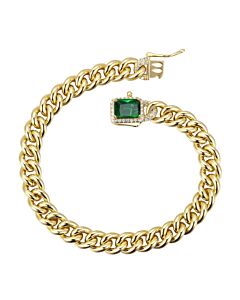 Megan Walford 14k Yellow Gold Plated with Emerald & Diamond Cubic Zirconia Halo Cluster Curb Chain Bracelet in Sterling Silver