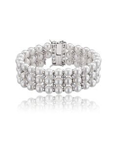 Megan Walford .925 Sterling Silver Cubic Zirconia And Three Row Pearl Bracelet