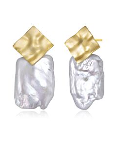 Megan Walford .925 Sterling Silver Gold Plated Freshwater Pearl Drop Square Earrings