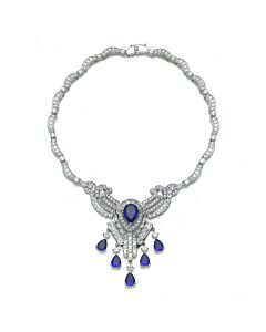 Megan Walford C.Z. Sterling Silver White Gold Plated Heavy Sapphire Teardrop Necklace