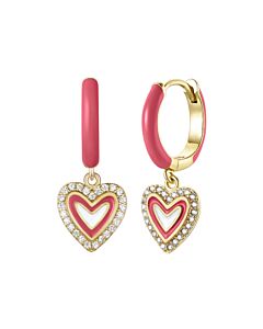 Megan Walford Children's 14k Gold Plated with Diamond Cubic Zirconia & Magenta-Red Enamel Halo Heart Dangle Charm Hoop Earrings