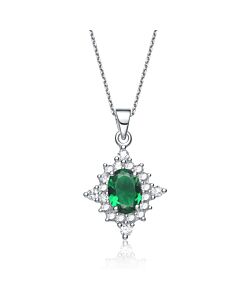 Megan Walford Classic Sterling Silver Oval Green Cubic Zirconia Flower Solitaire Pendant Necklace