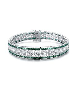 Megan Walford Classy Sterling Silver Princess Emerald and Round Clear Cubic Zirconia Tennis Bracelet
