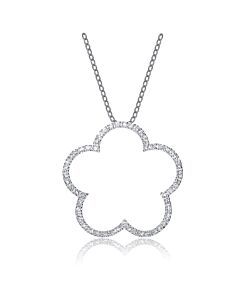 Megan Walford Classy Sterling Silver Round Clear Cubic Zirconia Flower Halo Pendant Necklace