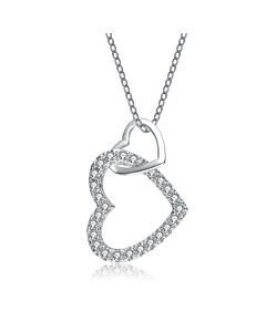Megan Walford Classy Sterling Silver Round Clear Cubic Zirconia Heart Halo Pendant Necklace