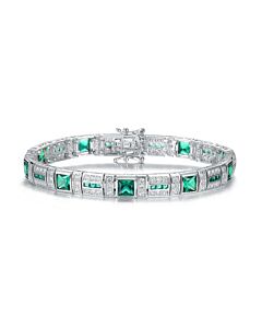 Megan Walford Elegant Sterling Silver Princess Emerald and Round Clear Cubic Zirconia Tennis Bracelet