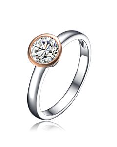 Megan Walford Elegant Sterling Silver Two-Tone Round Clear Cubic Zirconia Solitaire Ring