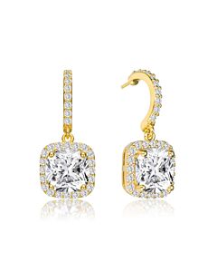 Megan Walford Gold Over Sterling Silver Cushion and Round Cubic Zirconia Halo Drop Earrings