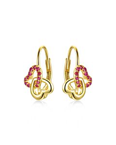 Megan Walford Kids/Teen Sterling Silver 14k Yellow Gold Plated with Ruby & Double Heart Halo Drop Leverback Earrings.