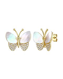 Megan Walford Large 14k Gold Plated with Mother of Pearl & Diamond Cubic Zirconia Butterfly Stud Earrings