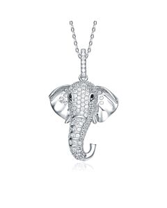 Megan Walford Rhodium-Plated with Cubic ZIrconia Iced Out Lucky Elephant Head Pendant Necklace in Sterling Silver