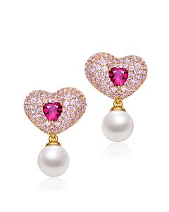 Megan Walford Sterling Silver 14K Gold Plated Ruby Cubic Zirconia and Pearl Heart Drop Butterfly Earrings