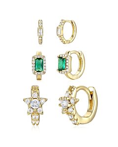Megan Walford Sterling Silver 14k Gold Plated with Emerald & Cubic Zirconia Halo Star 3-Piece Hoop Earrings Set