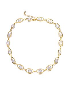 Megan Walford Sterling Silver 14K Yellow Gold Plated Freshwater Pearl and Cubic Zirconia Link Oval Spring Ring Adjustable Necklace