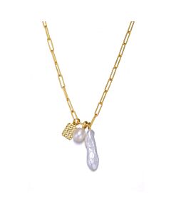 Megan Walford Sterling Silver 14K Yellow Gold Plated Freshwater Pearl and Cubic Zirconia Lobster Claw Link Necklace