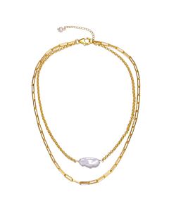 Megan Walford Sterling Silver 14K Yellow Gold Plated Freshwater Pearl Lobster Claw Layered Necklace