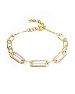 Megan Walford Sterling Silver 14k Yellow Gold Plated with Cubic Zirconia French Pave Slinky Oval Cable Link Bracelet - Adjustable in Length