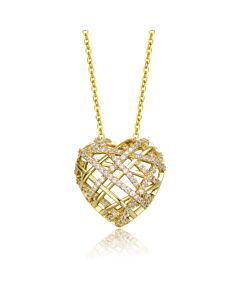 Megan Walford Sterling Silver 14k Yellow Gold Plated with Cubic Zirconia Knotted Ribbon 3D Puffed Heart Pendant Necklace