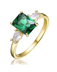 Megan Walford Sterling Silver 14k Yellow Gold Plated with Emerald & Cubic Zirconia 3-Stone Engagement Anniversary Ring