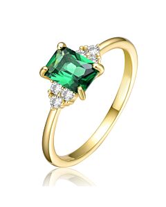 Megan Walford Sterling Silver 14k Yellow Gold Plated with Emerald & Cubic Zirconia Solitaire Cluster Anniversary Engagement Ring