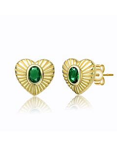 Megan Walford Sterling Silver 14k Yellow Gold Plated with Emerald Cubic Zirconia Sunray Heart Stud Earrings
