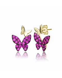Megan Walford Sterling Silver 14k Yellow Gold Plated with Ruby Cubic Zirconia Double Butterfly Drop Earrings