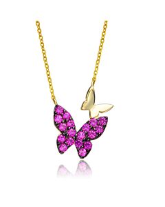 Megan Walford Sterling Silver 14k Yellow Gold Plated with Ruby Cubic Zirconia Double Butterfly Layering Necklace