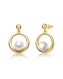 Megan Walford Sterling Silver 14k Yellow Gold Plated with White Pearl Eternity Circle Halo Dangle Earrings