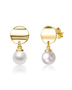 Megan Walford Sterling Silver 14k Yellow Gold Plated with White Pearl & Gold Medallion Coin Double Drop Dangle Earrings