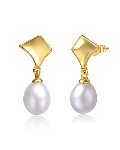 Megan Walford Sterling Silver 14k Yellow Gold with White Pearl Drop Geometric Shield Retro Dangle Earrings