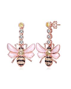 Megan Walford Sterling Silver 18K Rose Plated Clear Cubic Zirconia Floral Drop Butterfly Earrings