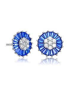 Megan Walford Sterling Silver Blue Baguette and Round Cubic Zirconia Stud Earrings