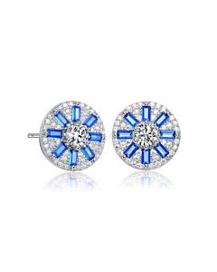 Megan Walford Sterling Silver Blue Baguette and Round Cubic Zirconia Stud Earrings
