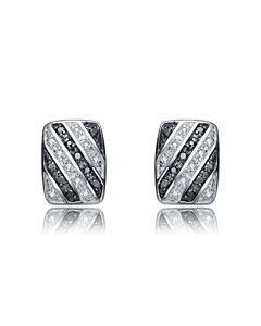 Megan Walford Sterling Silver Clear and Black Round Cubic Zirconia Stripe Rectangular Earrings