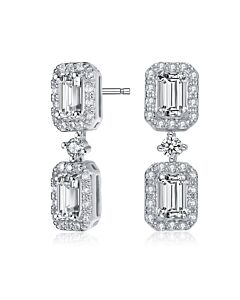 Megan Walford Sterling Silver Emerald and Round Cubic Zirconia Rectangular Halo Drop Earrings