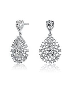 Megan Walford Sterling Silver Pear and Round Cubic Zirconia Lace Cluster Drop Earrings