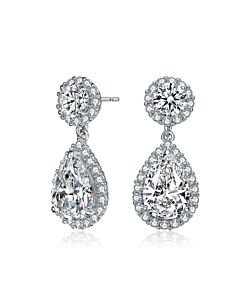 Megan Walford Sterling Silver Pear and Round Cubic Zirconia with Halo Drop Earrings