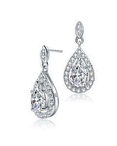 Megan Walford Sterling Silver Pear with Round Cubic Zirconia Halo Drop Earrings