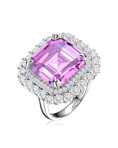 Megan Walford Sterling Silver Pink Asscher Cubic Zirconia Halo Cocktail Ring