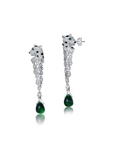 Megan Walford Sterling Silver Rhodium Plated with Emerald and Clear Cubic Zirconia Fauna Drop Earrings