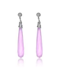 Megan Walford Sterling Silver Rose Quartz with Round Cubic Zirconia Elongated Dangle Earrings